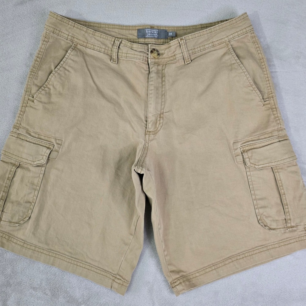 Berkley Jensen Men's 34 Khaki Cargo Shorts Flat Front‎ Stretch Utility Pockets